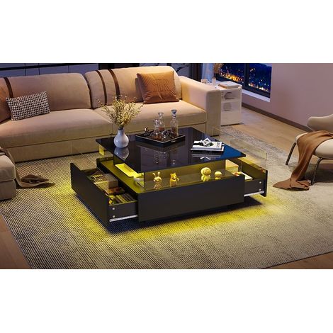 Table basse LED noire brillante 70x70 cm avec 2 tiroirs, espace vitrine transparent, table salon moderne avec éclairage intégré (1/5)