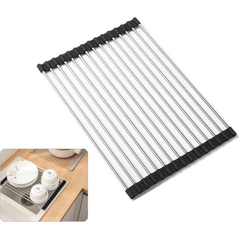 Séchoir À Vaisselle Roll-Up, 100% sans BPA Pliable évier égouttoirs idéal pour Les Fruits, légumes, Assiette, Silicone recouvert d'acier Inoxydable, 37x26cm Noir