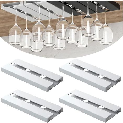 4 Pièces Porte Verre à Vin Suspendu, Support de Verre à Vin Sous Armoire Sans Perçage Porte-Verres à Pied Suspendu Auto-adhésif Accroche-verres Pour étagère Pour Bar Cuisine Restaurant (Blanc) (1/5)