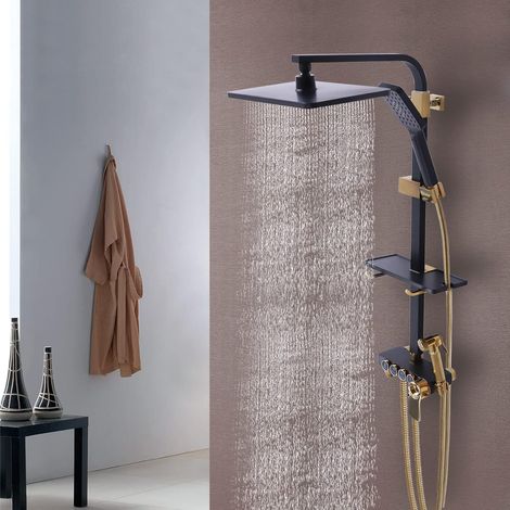 Système de douche en acier inoxydable 304 avec 4 sorties d'eau, douchette et thermostatique température 38 °C, double contrôle chaud et froid, dispositif de pulvérisation manuel 3 vitesses (1/5)