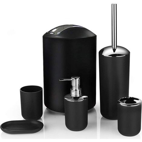 Ensemble d'accessoires de salle de bain design moderne 6 pièces : flacons de lotion, porte-brosse à dents, gobelet à dents, porte-savon, brosse WC, poubelle, noir (1/5)