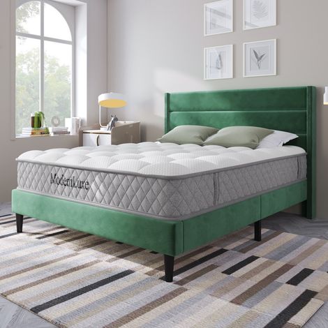 Lit double 140x200 rembourré velours vert, tête de lit et sommier inclus - Design moderne, lit jeune (avec matelas) (1/5)