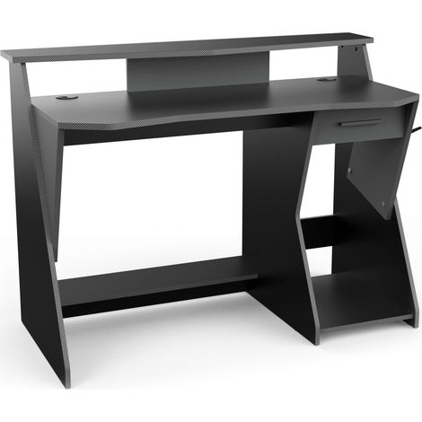 Mesa Gaming Skin  en Color Gris y Negro con 1 Cajón y 1 Gancho para los Cascos 90x124x60 cm