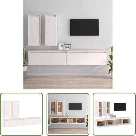 The Living Store Meubles TV 4 pcs Blanc Bois massif de pin - Meuble Tv - Meuble Suspendu - Rangement Mural - Bibliothèque Murale - Décoration Murale (1/5)