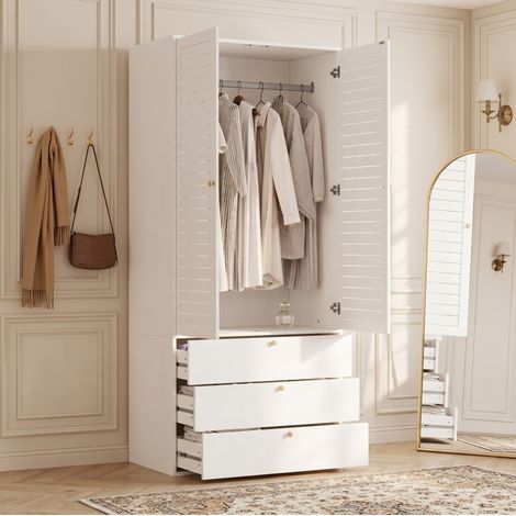 Armadio guardaroba 90x50x200 cm, 2 ante a lamelle, 3 cassetti e barra appendiabiti, pannello di particelle bianco (1/5)