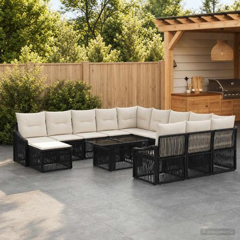 vidaXL Set Divano da Giardino 13 pz Nero e Bianco Crema polyrattan (1/5)