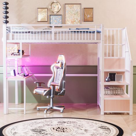 Lit mezzanine métal 90×200cm blanc,bande LED et prise charge,échelle rangement,armoire,étagères,bureau et étagère filet,lit fonctionnel complet