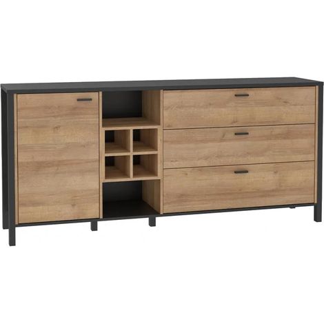 Buffet 186 cm 1 porte 3 tiroirs décor bois de chêne et noir - MODE (1/5)