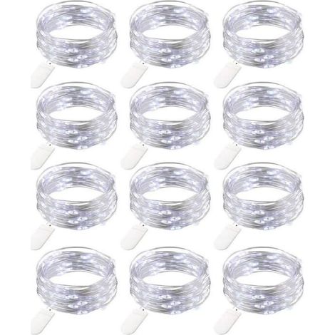12 Pièces Guirlande Lumineuse à Piles - HYKJside - Blanc Froid - 2 Mètres - Fil de Cuivre - Mini Guirlande LED Batterie Décoration