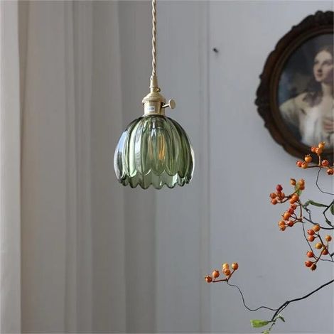 Lampada decorativa giapponese retrò a forma di fiore in vetro, versione cablata, attacco E26, verde, lampadina non inclusa (1/2)