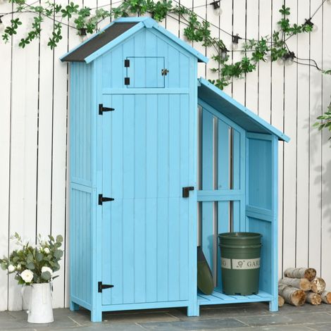 Abri de jardin, abri à outils, abri pour matériel avec rangement pour bois de chauffage, abri à outils à 3 étagères, toit en asphalte, bois de sapin, bleu ciel, 130 x 54,5 x 180 cm (1/5)