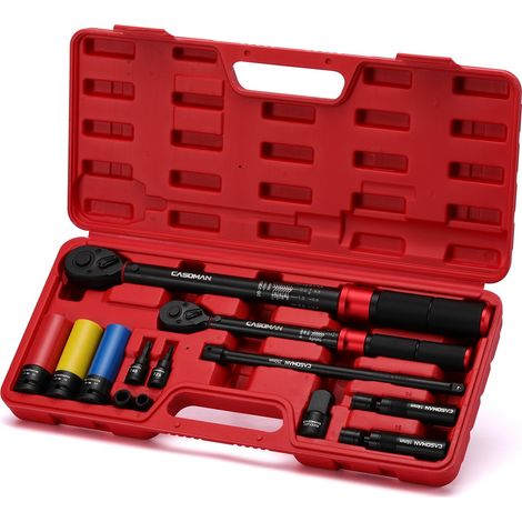 Lot de 13 clés à cliquet 1/2" et 3/8" Drive 72 Teeth Torque Wrench 20-230 Nm, 5-60 Nm, avec barre d'extension, adaptateur, douille à impact de roue, douille magnétique Spark, embouts Torx (1/5)