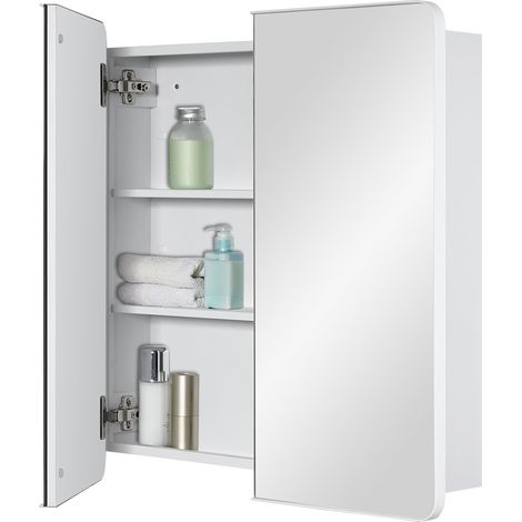 Armoire à pharmacie avec miroir de salle de bain avec rangement – Double porte, cadre en métal, coins arrondis, étagères réglables, blanc mat, montage mural – 60 x 65 cm (1/5)