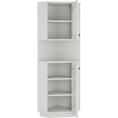Meuble d'angle avec bande LED, 45 x 45 x 166,5 cm  réglables et 2 porte en verre pour salon cuisine et salle de bain  Blanc