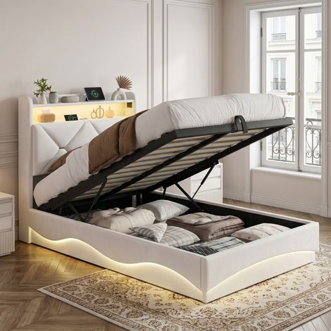 Lit  simple 90 x 200 cm – Tête de lit capitonnée – Tissu velours – Rangement intégré – Robuste et durable (1/5)