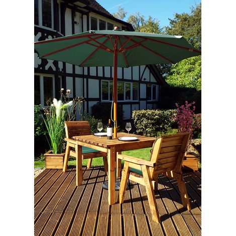 Two Seater Table Set - L100 x W220 x H98 cm - Redwood - Green Cushion and Parsol Included - Fully Assembled