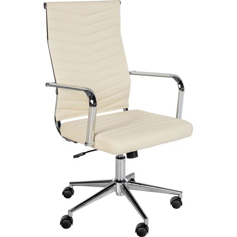 Fauteuil de bureau design ergonomique inclinaison intégrée avec accoudoirs en similicuir crème et métal chromé 100006972