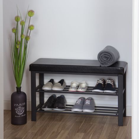 Relaxdays Schuhbank, 6-8 Paar Schuhe, Schuhregal zum Sitzen, Kunstleder-Polster, HxBxT: 49x 81x 31 cm, 2 Etagen, schwarz