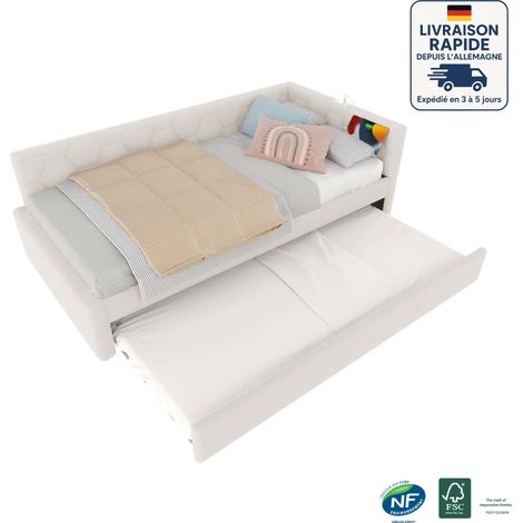 Lits enfant 90x200 cm, lit simple avec lits gigognes 89x188 cm, USB, imitation velours de laine, blanc (1/5)