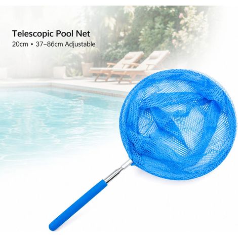 Épuisette de Piscine Télescopique - Bleu, Maille Profonde Ronde 20cm, Cadre Métallique Léger, Perche Réglable 37-86cm pour Nettoyage Rapide (1/5)
