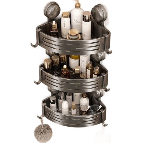 Panneau de rangement d'angle à ventouse sans perçage, étagère murale trois niveaux ultra résistante, organisateur de rangement pour salle de bain, toilettes et cuisine (1/3)