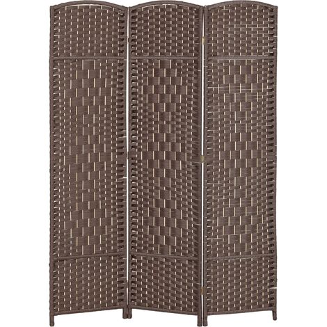 Paravent, cloison pliante en 3 parties, motif tissé, bois de pin, marron (1/4)