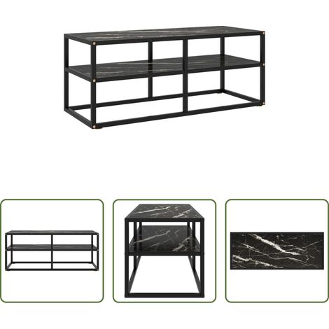Meuble stéréo - Meuble TV noir avec verre marbre noir 100x40x40 cm (1/5)