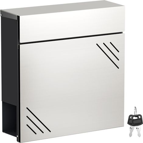 Wiltec Briefkasten Edelstahl V63 37 x 11 x 37 cm, Wandbriefkasten mit Zeitungsfach und Schlüssel