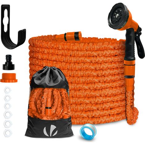 Tuyau d'Arrosage Extensible 15m Adaptable 1/2" et 3/4" 10 Modes de Pulvérisation Flexible et Anti-Fuite Raccord et Sac de Rangement Fournis Orange (1/5)