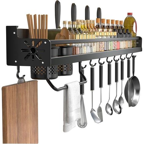 Étagère à épices murale, boîte de rangement de cuisine multifonctionnelle avec porte-couverts, 50 cm, noire, (1/5)