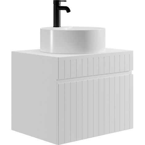 Vente-Unique – Meuble de salle de bain suspendu blanc strié 60 cm – Vasque ronde à poser en céramique – 1 tiroir soft close – Éco-responsable MDF (1/4)