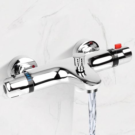 Wand-Thermostat-Brausemischer aus Messing/Chrom, 2 Ausläufe mit Sicherheitsverriegelung 38 °C, Temperaturregelung 20–50 °C (1/5)