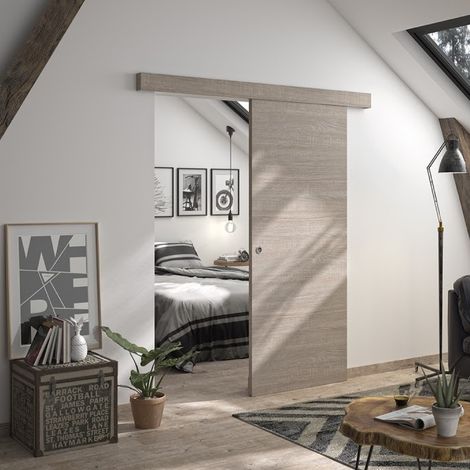 Optimum – Kit porte coulissante Verone avec rail et bandeau – Dimensions H.204xL.83xP.4 cm – Chêne taupe – Pour espaces modernes