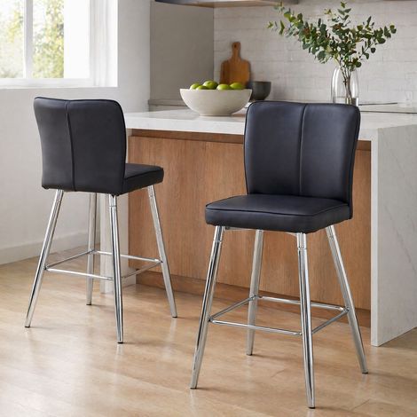 DESMIU Tabouret de bar avec dossier ergonomique et repose-pieds, pieds réglables, PU, Noir et Argent (1/5)