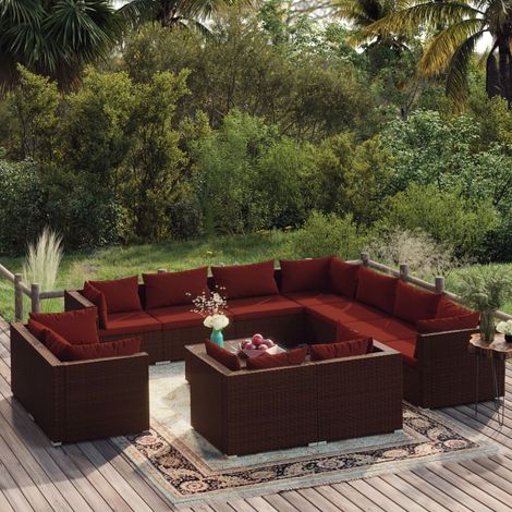 12-tlg. Garten-Lounge-Set mit Kissen Braun Poly Rattan (1/5)
