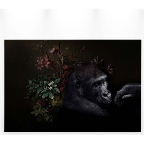 Tableau animaux & fleurs sur fond noir | Tableau gorille et fleurs colorées | Tableau sur toile original pour coulir & salon 0,9 x 0,6 m (1/5)