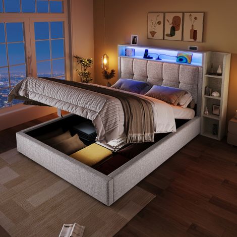 Lit coffre enfant 90x200 cm avec port USB-Type-C, compartiments de rangement, éclairage LED, en lin, sans matelas, beige (1/5)