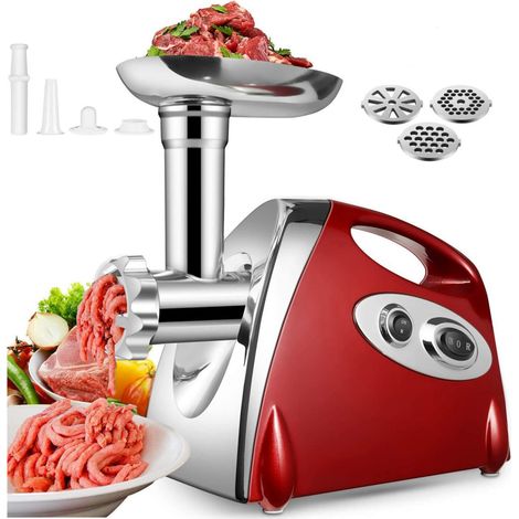 Hachoir à viande électrique 2800W, Hachoir à saucisses, Hachoir à viande robuste, avec 3 plaques découpe acier, sûr utiliser, Rouge (1/5)