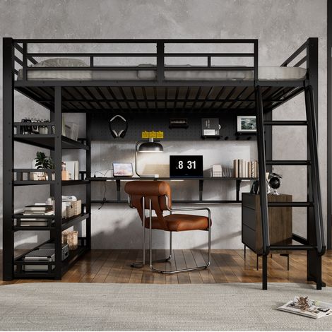 Lit mezzanine 140/200 cm noir en métal et panneaux de particules avec rangements et port de chargement (1/5)