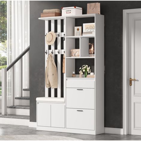 Guardaroba d'ingresso 120 x 30 x 200 cm in MDF bianco con panca, 2 ribalte, cassetto e 10 ganci (1/5)