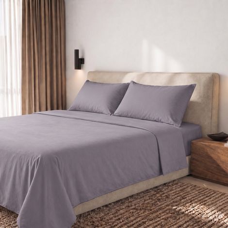 Parure de Lit 2 Personnes en Percale de Coton 200 TC - Drap Housse, Drap Plat et 2 Taies d'Oreiller - Gris Foncé - Made in Italy