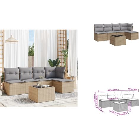 6-tlg. Garten-Sofagarnitur mit Kissen Beige Poly Rattan - Gartenmöbel - Sofagarnitur - Rattan Möbel - Outdoor Furniture - Esstisch Set