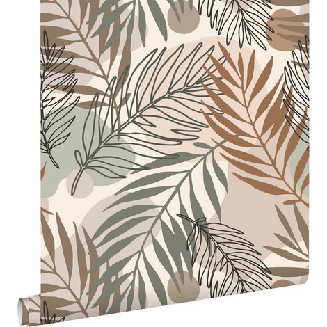 papier peint feuilles beige et vert grisé - ESTAhome