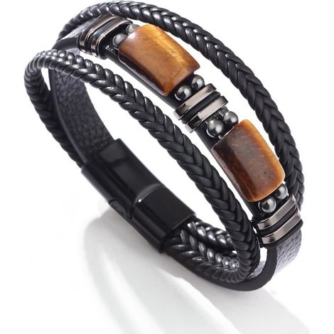 Bracelet en cuir pour homme, orné d'une pierre précieuse œil de tigre naturel, bijou fait main, bracelet de protection contre le stress et le stress (7,5 pouces) (1/5)