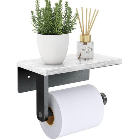 Toilettenpapierhalter aus Edelstahl mit Marmorablage für Küche und Bad - Schwarz