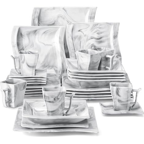 Service de Table pour 6 Personnes Service Vaisselle en Gris Effet Marbre Assiettes Plates Assiettes à Dessert Assiettes Creuse Tasses Soucoupes (1/5)
