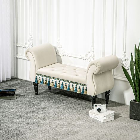 Panca imbottita, seduta, design vintage, portata massima 150 kg, dimensioni 117x40x58 cm, colore beige.