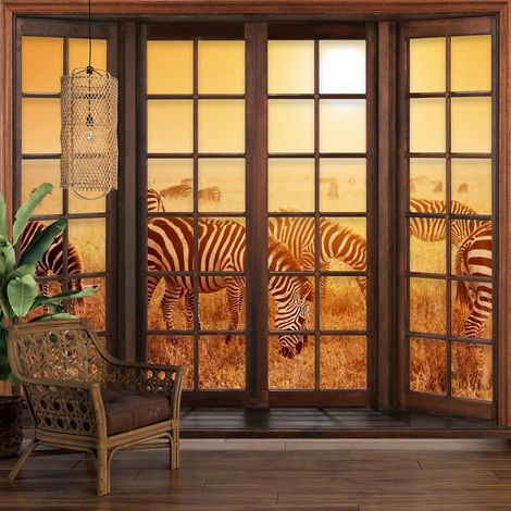 Papier peint panoramique Trompe l'oeil Fenêtre en bois - Zèbres Savane - 130 cm x 104 cm (1/5)