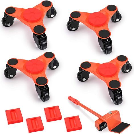 Socles roulants Tri-Dolly en acier de 15,2 cm avec roulettes, lot de 4, chariot à 3 roues, kit de levage de meubles, système de déplacement facile, capacité de charge de 225 kg - RWPlateau roulant (1/5)