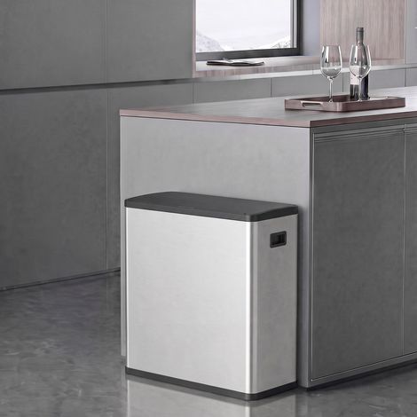 Poubelle de Cuisine Automatique 60 L, Poubelle à Double Compartiment, Capteur de Mouvement, Seaux Amovibles, Argent (1/5)